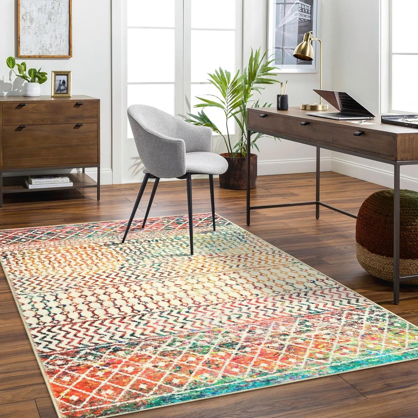 Moroccan Living Room Rugs, 5x7 Soft Bohemian Distressed Non-Slip Large Rug, Low Pile Washable Farmhouse Rug Indoor Floor Carpet for Bedroom Under Dining Table Home Office Decor