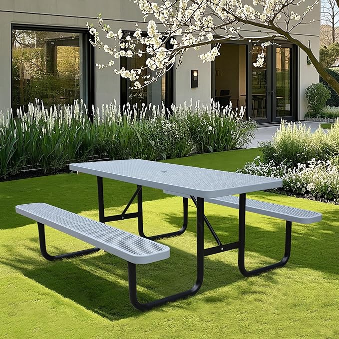 6FT Rectangular Metal Picnic Table for Outdoors, Commercial Steel Metal Picnic Tables, Heavy Duty Sturdy Picnic Tables Furniture Set for Patio Garden Courtyard BBQ, with Umbrella Hole, Grey