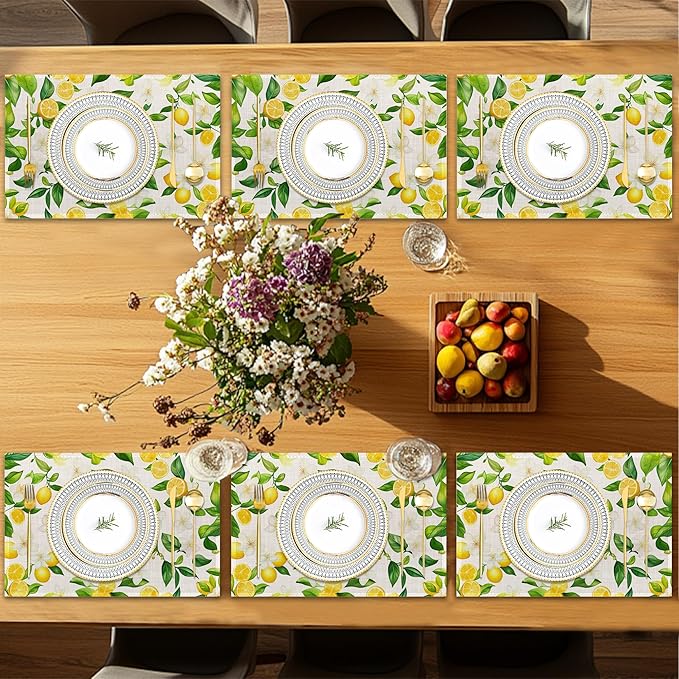Placemats12x18 Inch,Lemons Flower Placemats,Green Leaf Kitchen Dining Coffee Table Mats Set of 6 for Home Indoor Outdoor Party
