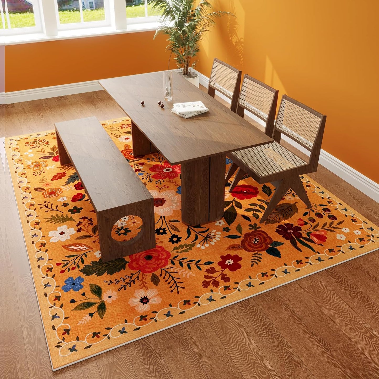 Rugcomf Area Rugs 8x10 Rug for Living Room Clearance Washable Boho Area Rug Non Slip Floral Vintage Low Pile Large Rug for Living Room, Bedroom, Farmhouse, Dining Room, Kids Playroom(Yellow)