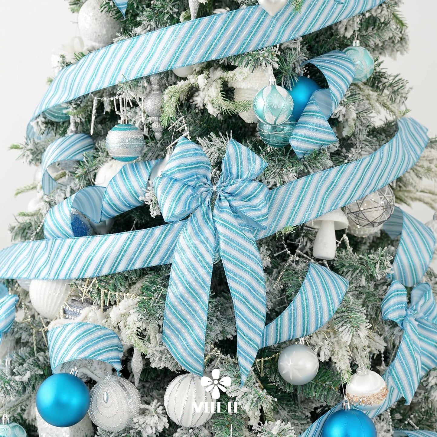 MEEDEE Blue Diagonal Stripe Ribbon 2.5 Inch Blue Satin with Turquoise and Teal Glitter Wired Ribbon for Wreath Bow, Topper Bow, Tree, Garlands (10 Yards)