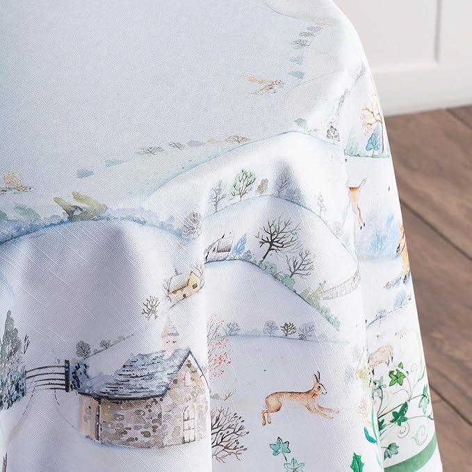 Maison d' Hermine Table Cloth Round Table 100% Cotton 69 Inches Fall Tablecloth Reusable Everyday Use for Thanksgiving Christmas Decorations Dining Farmhouse Party (Snowy World)
