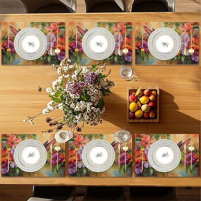 Hummingbird Placemats Set of 6,Colorful Flower Waterproof Non-Slip Washable Table Mats for Kitchen Dining Holiday Party Wedding Decor 12x18 Inch