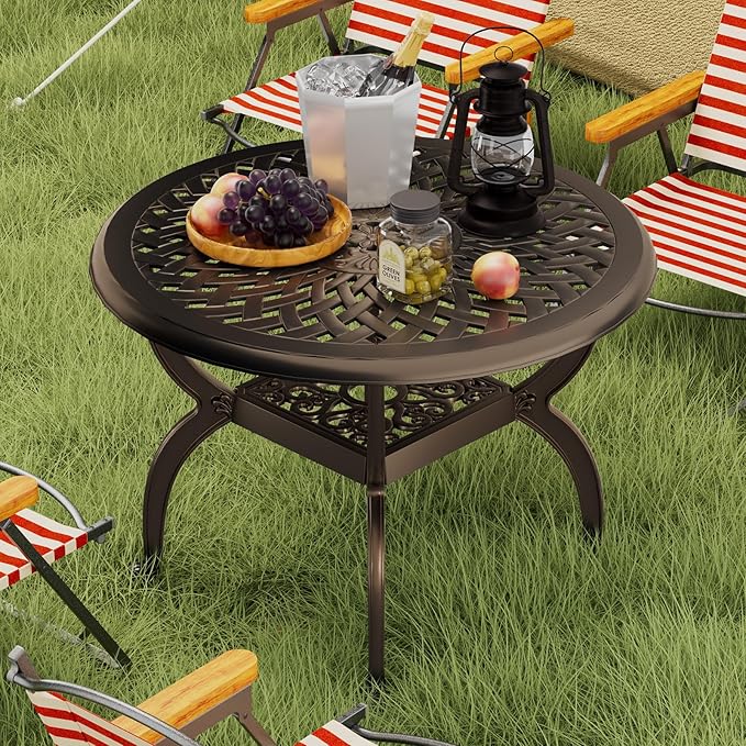 Cast Aluminum Outdoor Side Table, All Weather Round Bistro Table, Outdoor Coffee Table, Small End Table for Patio, Indoor, Lawn, Garden, Bronze