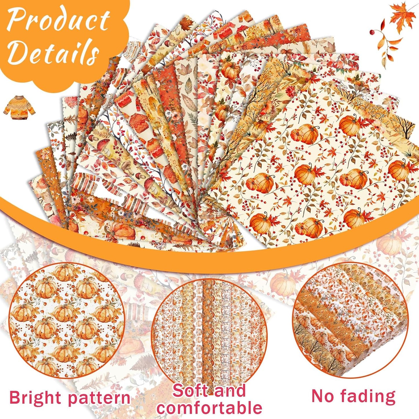Ganeen 60 Pcs 10 x 10 Inch Fall Quilting Fabric Squares Thanksgiving Fat Patchwork Precut Strips Retro Pumpkin Maple Leaf Bundles for Harvest Autumn Holiday DIY Craft Sewing Quilt Material Handmade