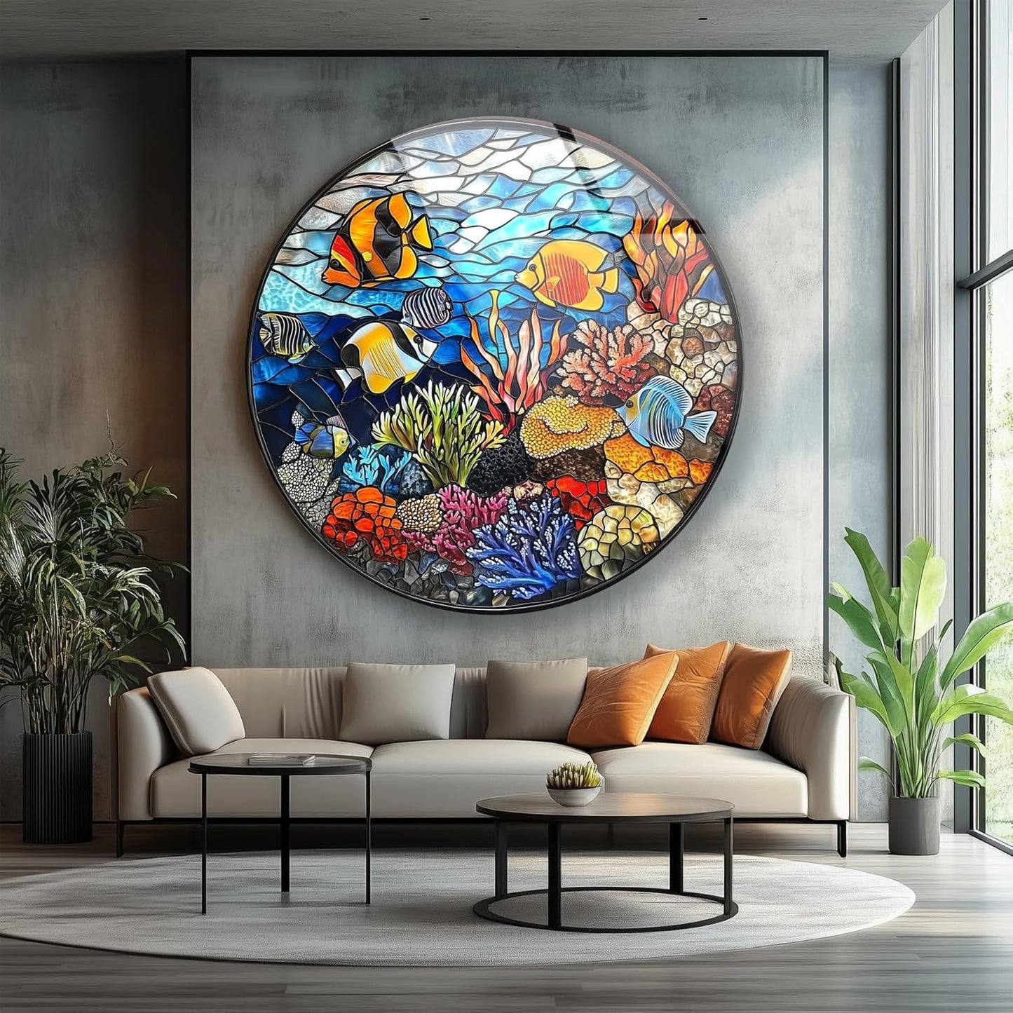 My Photostation.com 10''(25cm) Diameter Coral Reef Mosaic Round Glass Wall Art Tempered Glass Printing Wall Decor Large Wall Art Wall Hangings