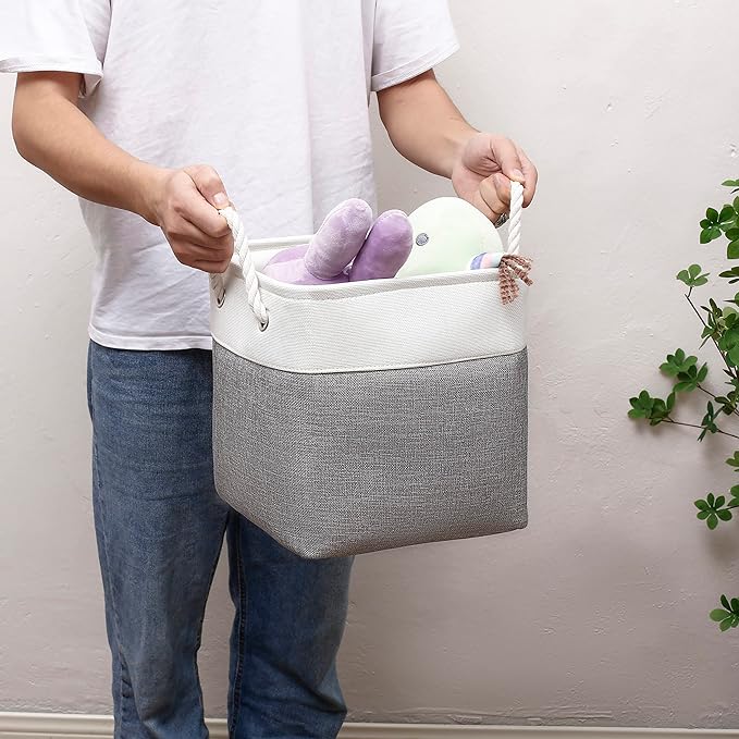 11 x 11 Inch Cube Storage Bins, 6 Pack Large Collapsible Fabric Storage Bin with Ropes, Foldable Storage Cubes for Home, Office,Closet, Clothes, Toys Organizer (White & Grey-11"x11"x11")