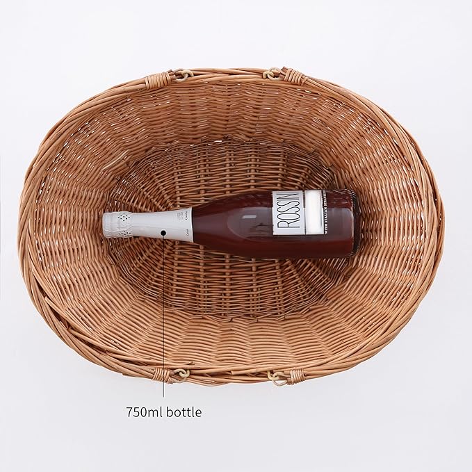 Handwoven Wicker Picnic Basket with Handles, Natural Brown, Shopping Basket - Large