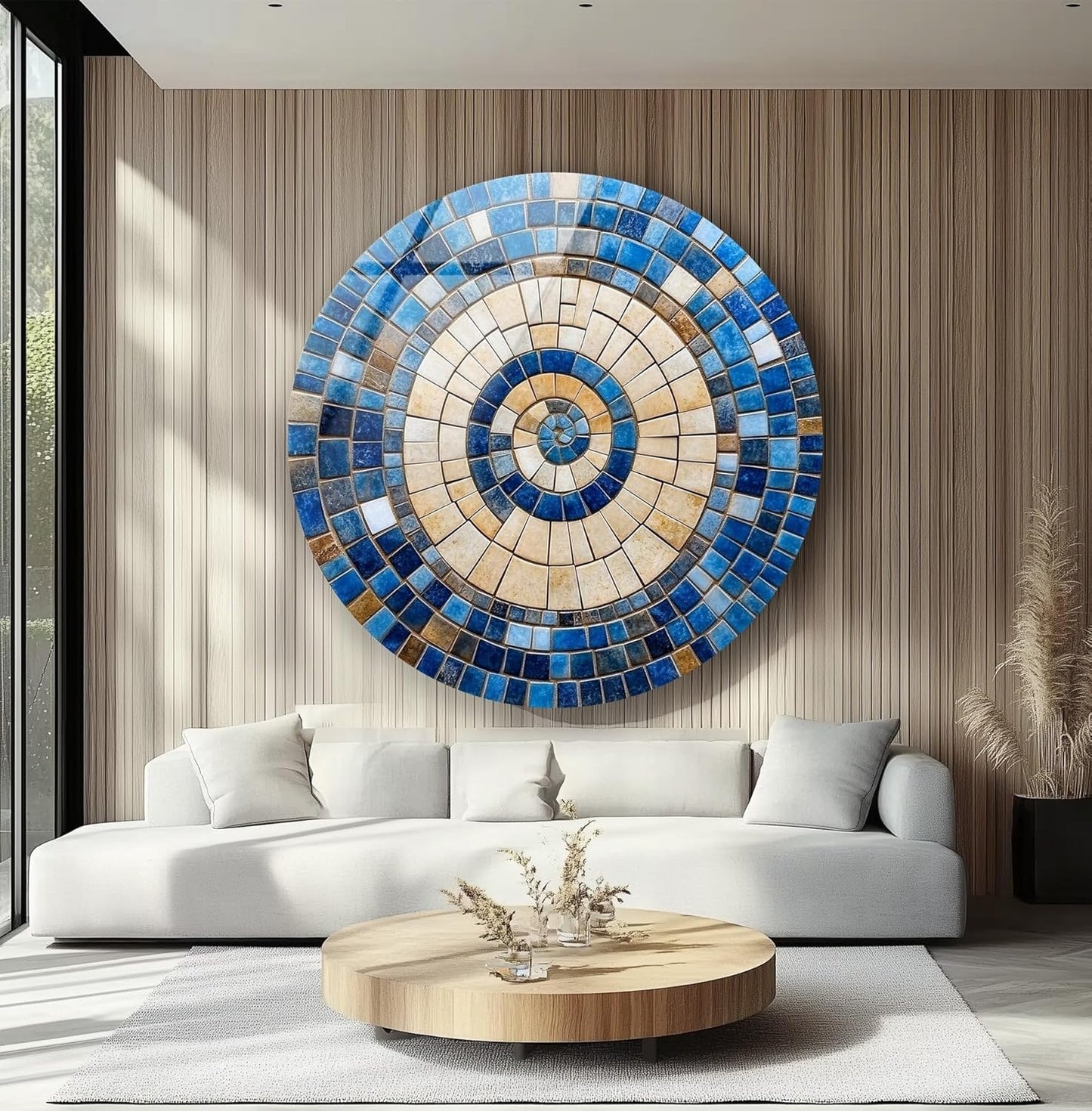 My Photostation.com 27.5''(70cm) Diameter Coastal Sunburst Beige & Blue Round Glass Wall Art Tempered Glass Printing Wall Decor Large Wall Art Wall Hangings