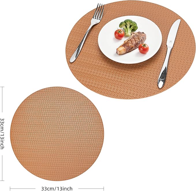 Round Faux Leather Placemats Set of 4 – 13 Inch Vinyl Table Mats, Heat Resistant, Non Slip, Wipeable & Washable, Easy to Clean Dining Table Decor for Kitchen & Dining Room – Cinnamon Brown