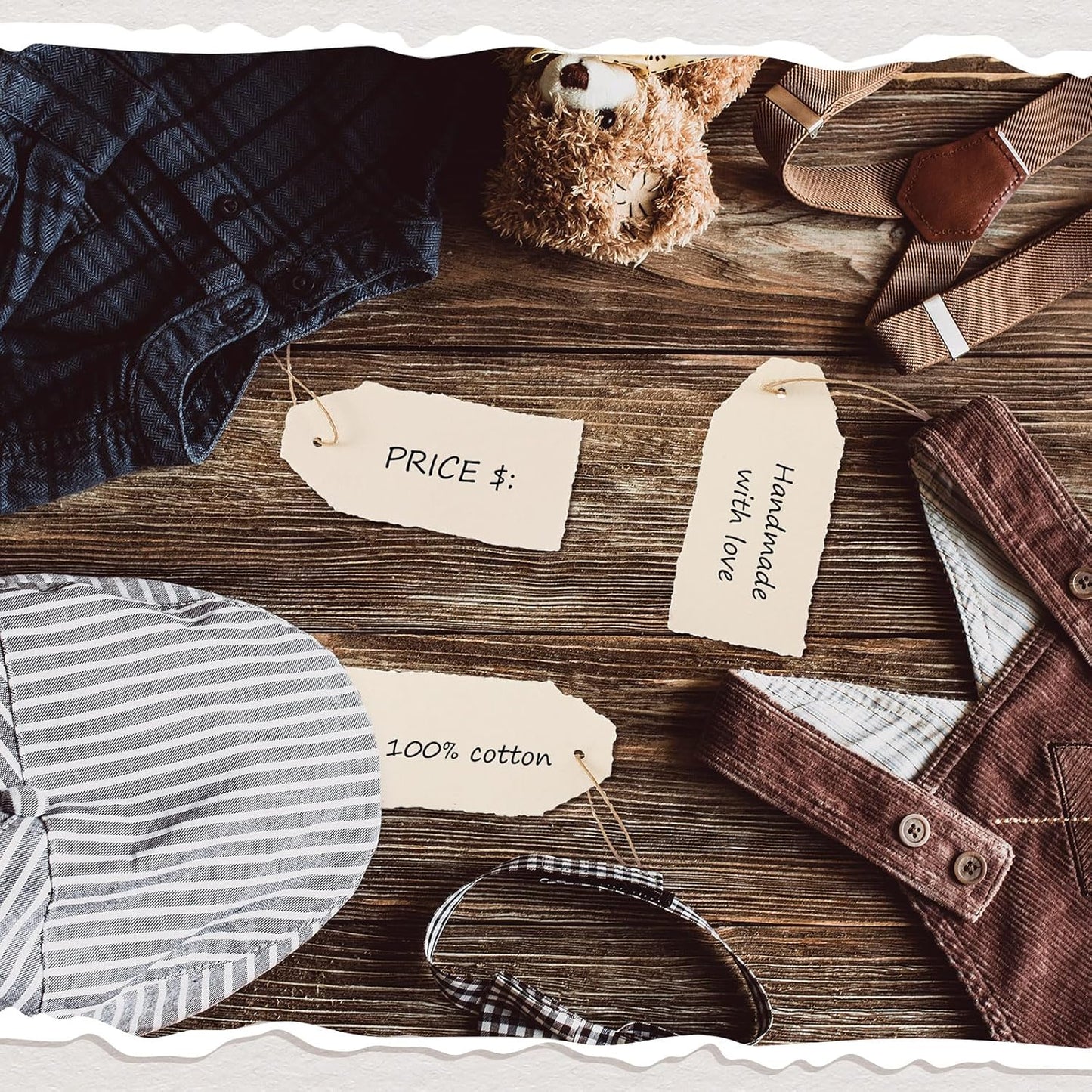 50 Pack Handmade Vintage Deckle Edge Tags with String 3.75 x 1.75 Thick 160 GSM Cotton Gift Tags with String Attached for Name Cards Place Cards Arts Crafts Gift(Vintage Beige)