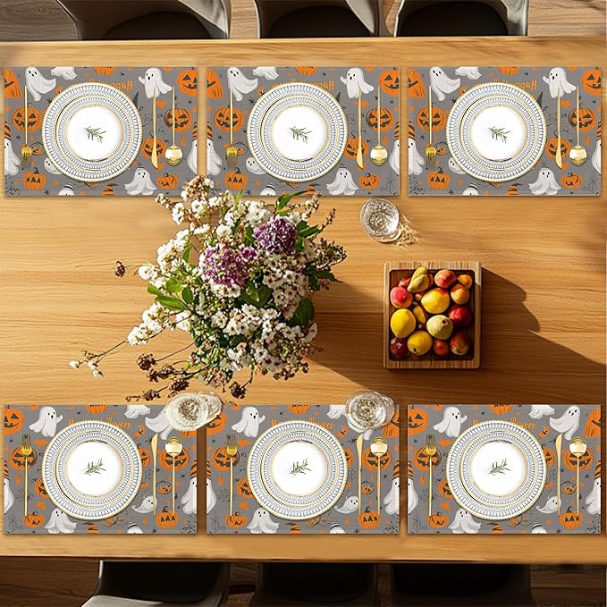 Placemats Set of 6,Pumpking Ghost Table Mats,Halloween Washable Linen Table Mats,Non-Slip Heat Resistant Placemats for Party Kitchen Dining Indoor Outdoor 12"x18"