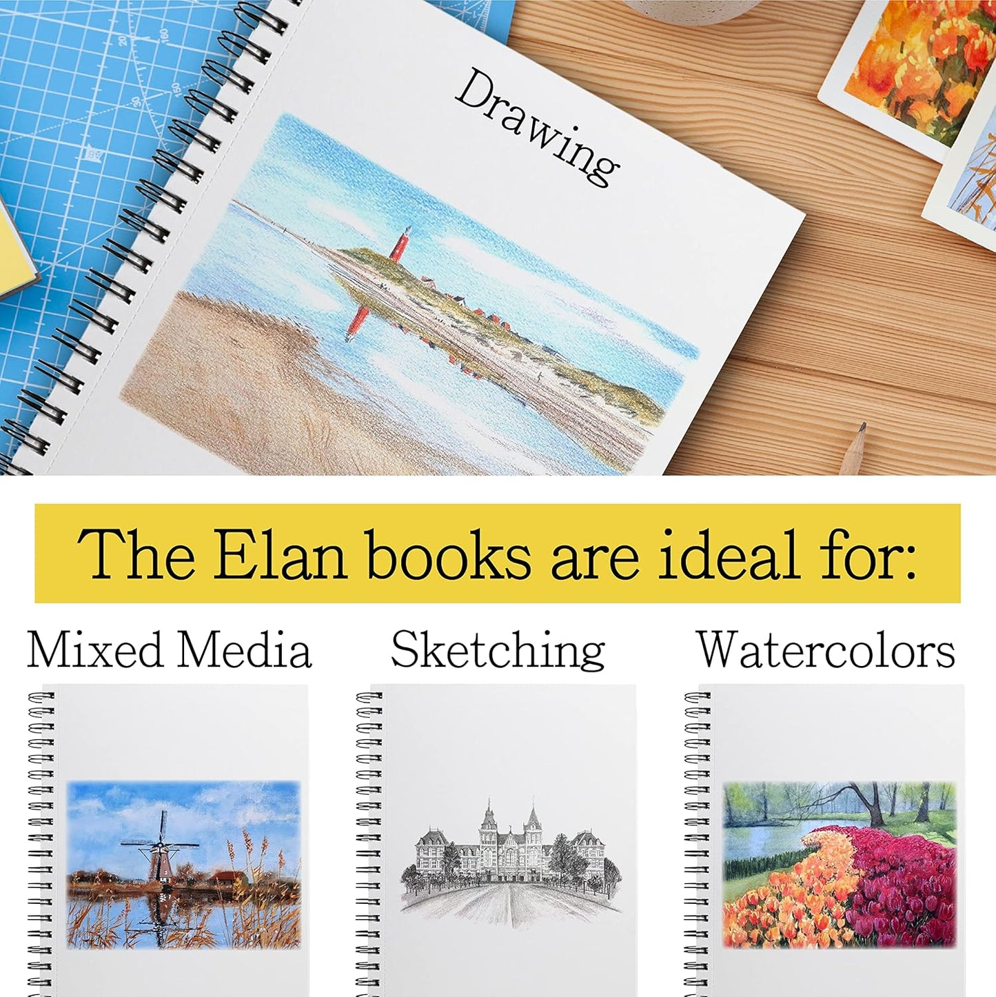 Elan A5 Drawing Book, 50 Sheets Italian Paper 90 lb/200 GSM, Acid-Free Sketch Book 8.3x5.8 Inch, White Drawing Paper Pad, A5 Sketchbook Spiral Bound