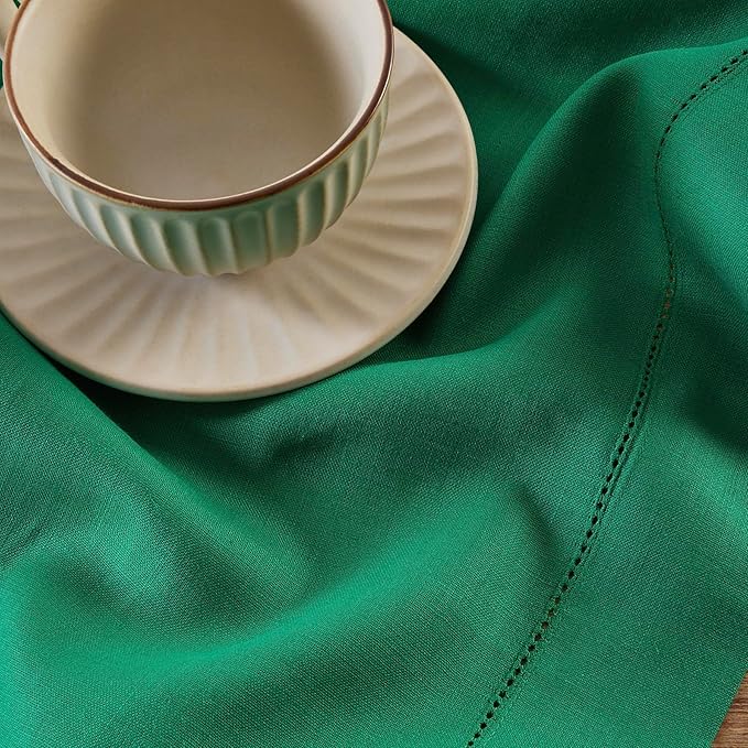 Solino Home Linen Table Runner 90 Inches Long - 100% Pure Linen Emerald Green Table Runner 14 x 90 Inch for St Patricks Day - Classic Hemstitch