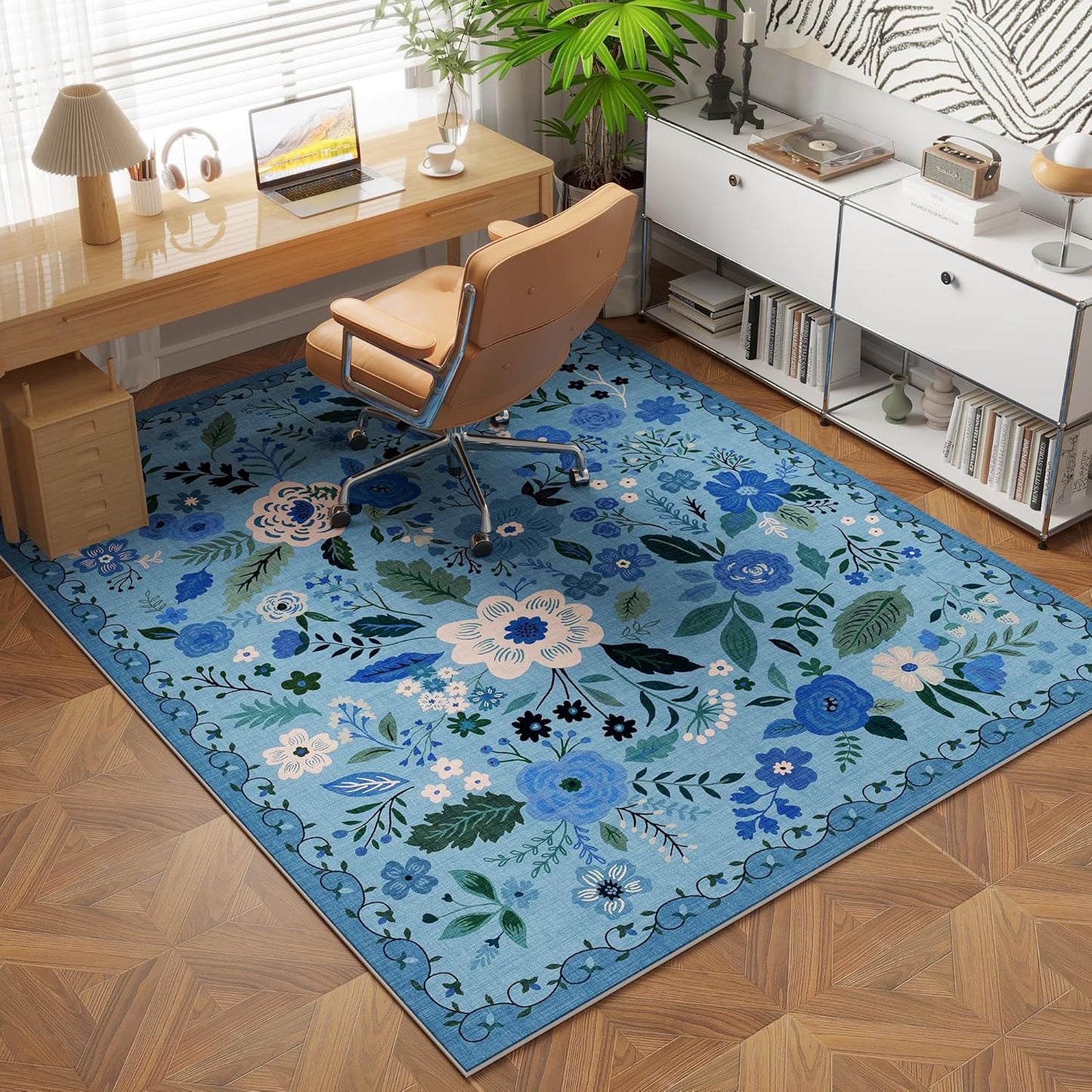 Rugcomf Bedroom Rug 3x5 Rug Washable Area Rug Non Slip Low Pile Boho Floral Small Carpet for Bedroom, Bedside, Kitchen, Entryway, Kids Room, Office, College Dorm Essentials for Girls(Blue)