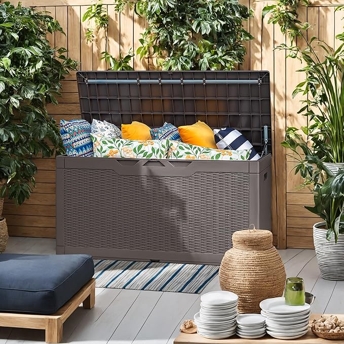 Flamaker Outdoor Storage Box 100 Gallon Waterproof Resin Deck Box Delivery Box with Air Rod Indoor Outdoor Lockable Storage Bench for Patio Cushions, Tools, Pool Accessories (Brown)