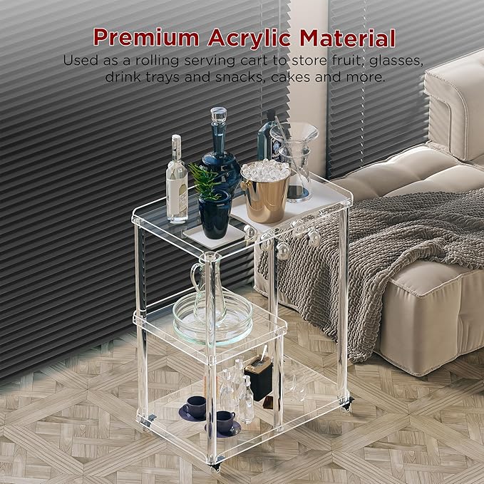 Dethan Acrylic Bar Cart with Lockable Wheels, 3 Tier Clear Serving Cart with Glass Holder, Rolling Beverage Cart for Home, Kitchen, Dining Room, Portable Mobile Bar Trolley for Small Spaces