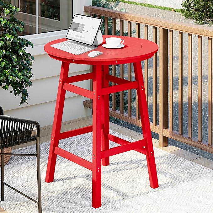 Costaelm Patio Bistro Table, 42" Counter Height Round Patio Cocktail Bar Table with Umbrella Hole, Outdoor Bistro Dining Pub Table for Front Porch Deck Backyard Garden, Red