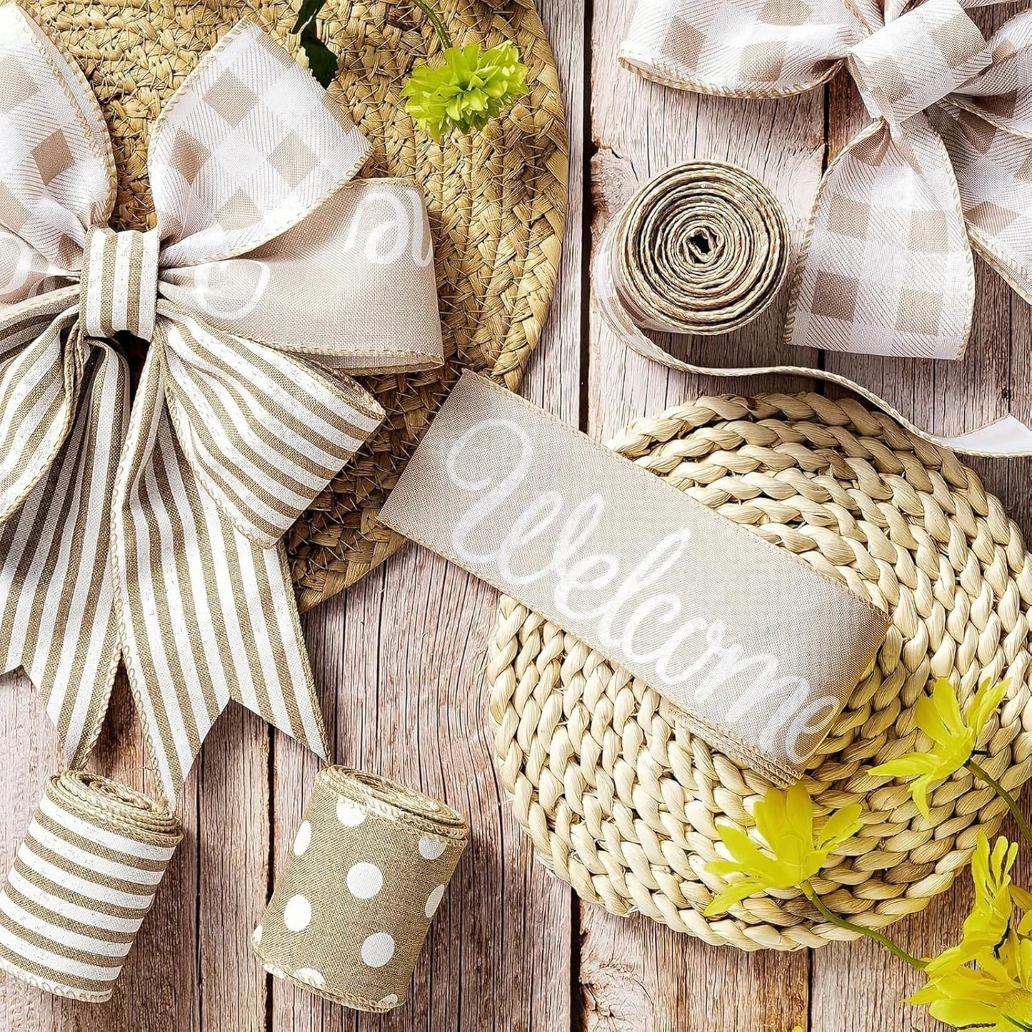 Burlap Ribbon Wired, Farmhouse Rustic White Stripe Ribbon for Gifts Wrapping DIY Crafts Floral Bows Wreath Making Party Supplies Holiday Home Decoration, 2.5 Inch x 10 Yards