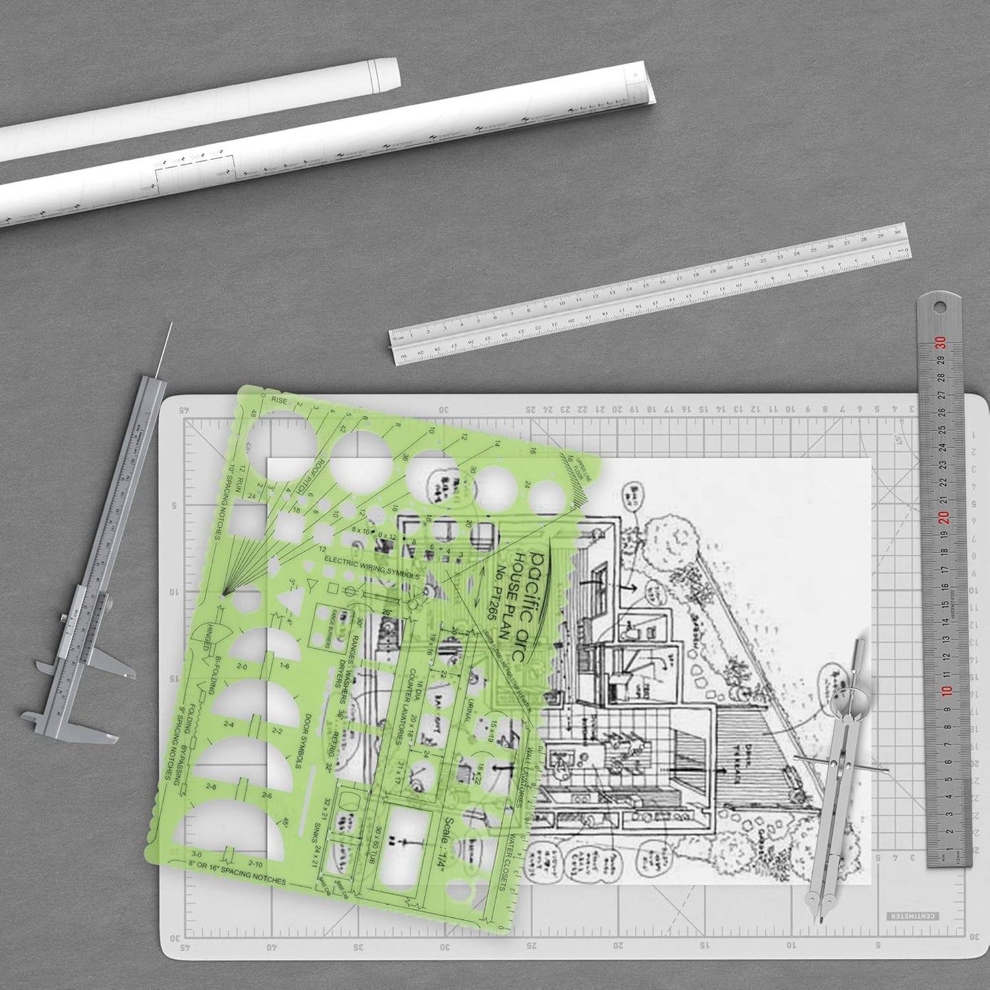 Pacific Arc House Plans Templates Guide, with Stairs, Doors, Plumbing, Kitchen Appliances, and Roof Pitch Gauge, Scale of 1/4 Inch to 1 Foot