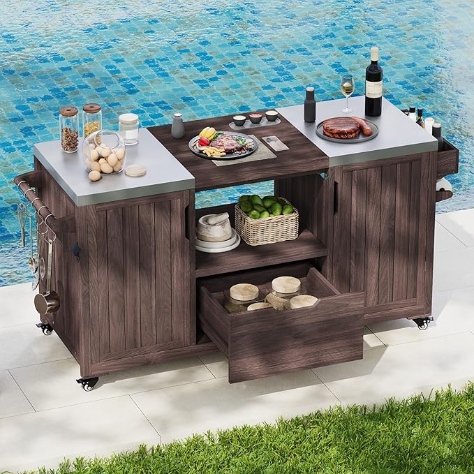 66.5" Outdoor Kitchen Island with Stainless Steel Top for Big Green Egg, Rolling Grill Cart with Adjustable Shelves, Lockable Wheels, Outdoor Table and Bar Storage Cabinet for Patio
