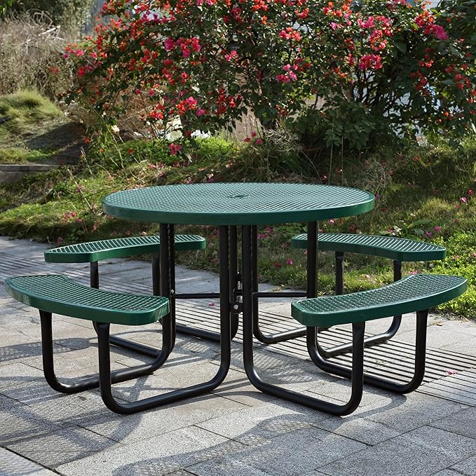 46'' Round Metal Picnic Table for Outdoors, Commercial Steel Metal Picnic Tables, Heavy Duty Sturdy Picnic Tables Furniture Set for Patio Garden Courtyard BBQ, with Umbrella Hole, Green