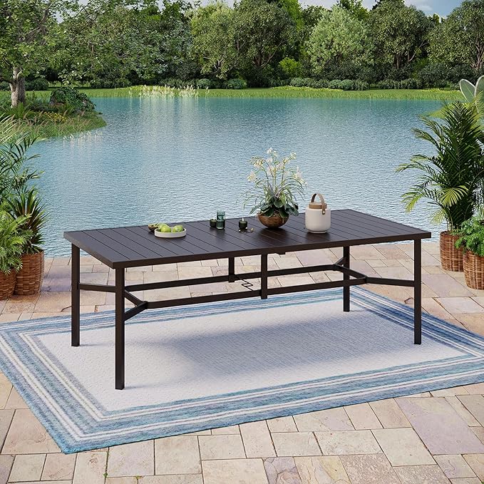 Outdoor Patio Dining Table for 8, 83" x 39" Rectangular Metal Patio Dining Table with 1.7" Umbrella Hole, All Weather Wrought Iron Black Outdoor Table for Garden, Backyard and Porch