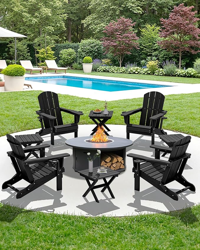 SERWALL Folding Outdoor Side Table, HDPE Adirondack Side Table, Portable Outdoor End Table, Black