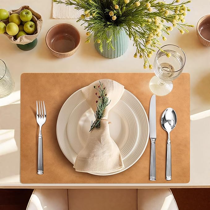Roxifina Faux Leather Placemats Set of 8 - Vinyl Placemats Wipeable Waterproof Oil-Proof PU Place Mats Heat Resistant Reversible Table Mats for Dining, Kitchen, Outdoor, 12 x 17 Inch (Camel)