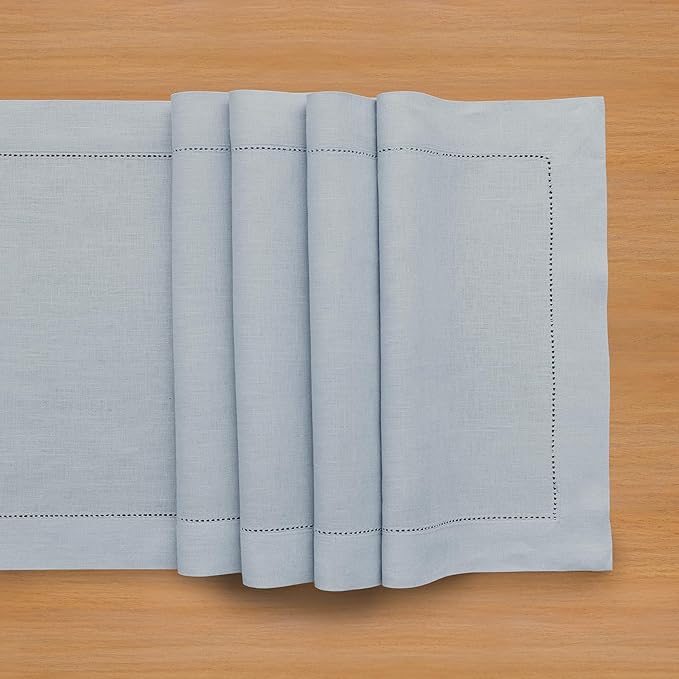 Solino Home Linen Dusty Blue Table Runner 108 Inches Long - 100% Pure Linen Hemstitch 14 x 108 Inch Table Runner for Dining, Winter, Spring, Easter - Classic Hemstitch