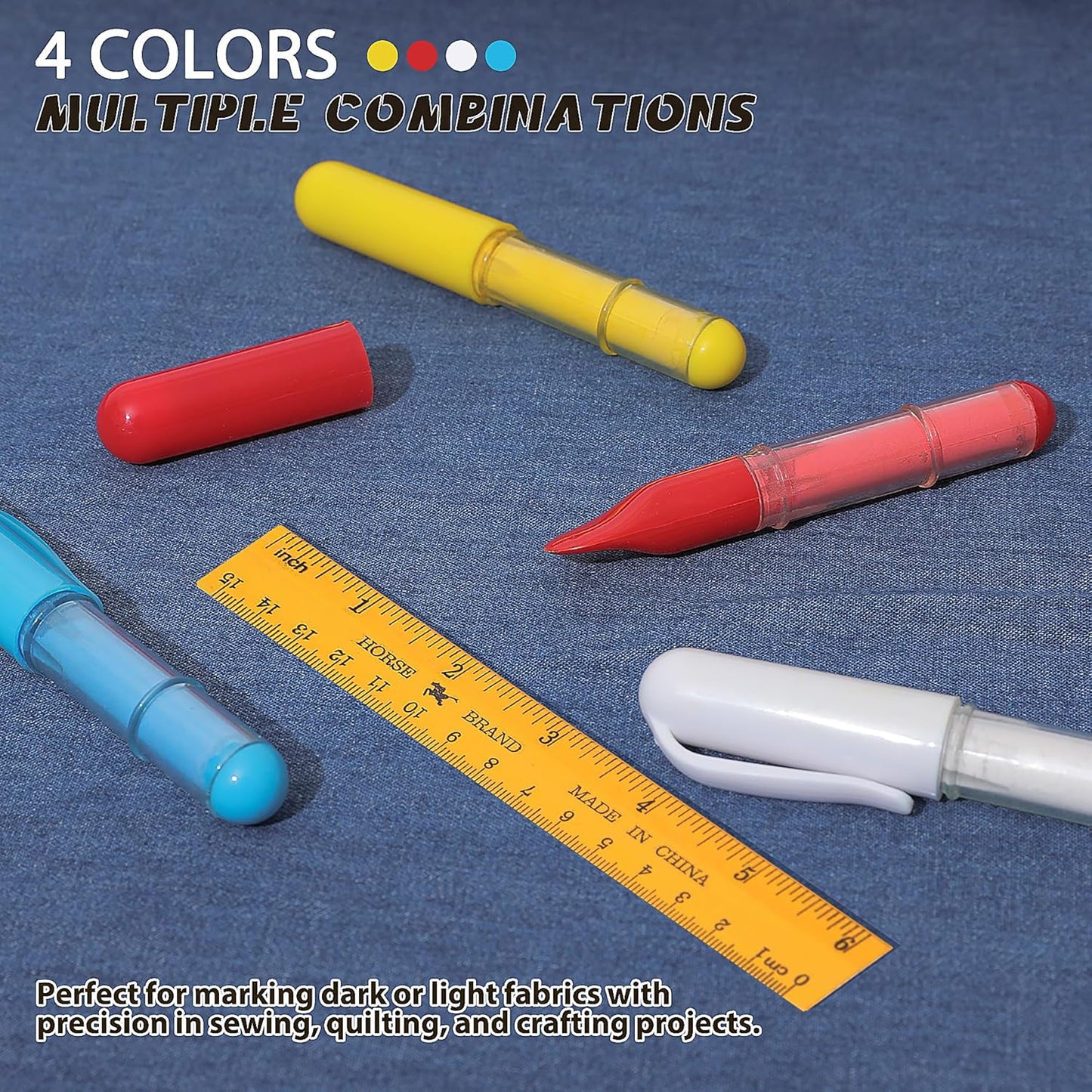Fabric Chalk Markers for Sewing,Quilting,Crafting|Erasable Tailor’s Chalk|Work on Various Fabrics|Dosing Wheel Drawing Intricate Patterns Precise Lines-Per Pack(Red,Blue,White and 1 Ruler)
