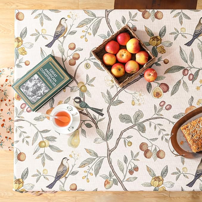Linen Table Cloth Rectangle,Wrinkle Resistant French Pink Tablecloth Print with Froal,Decor Stitch Table Cloth for Thanksgiving,Dining Room,Home,Kitchen 55" × 79"-Dewey A