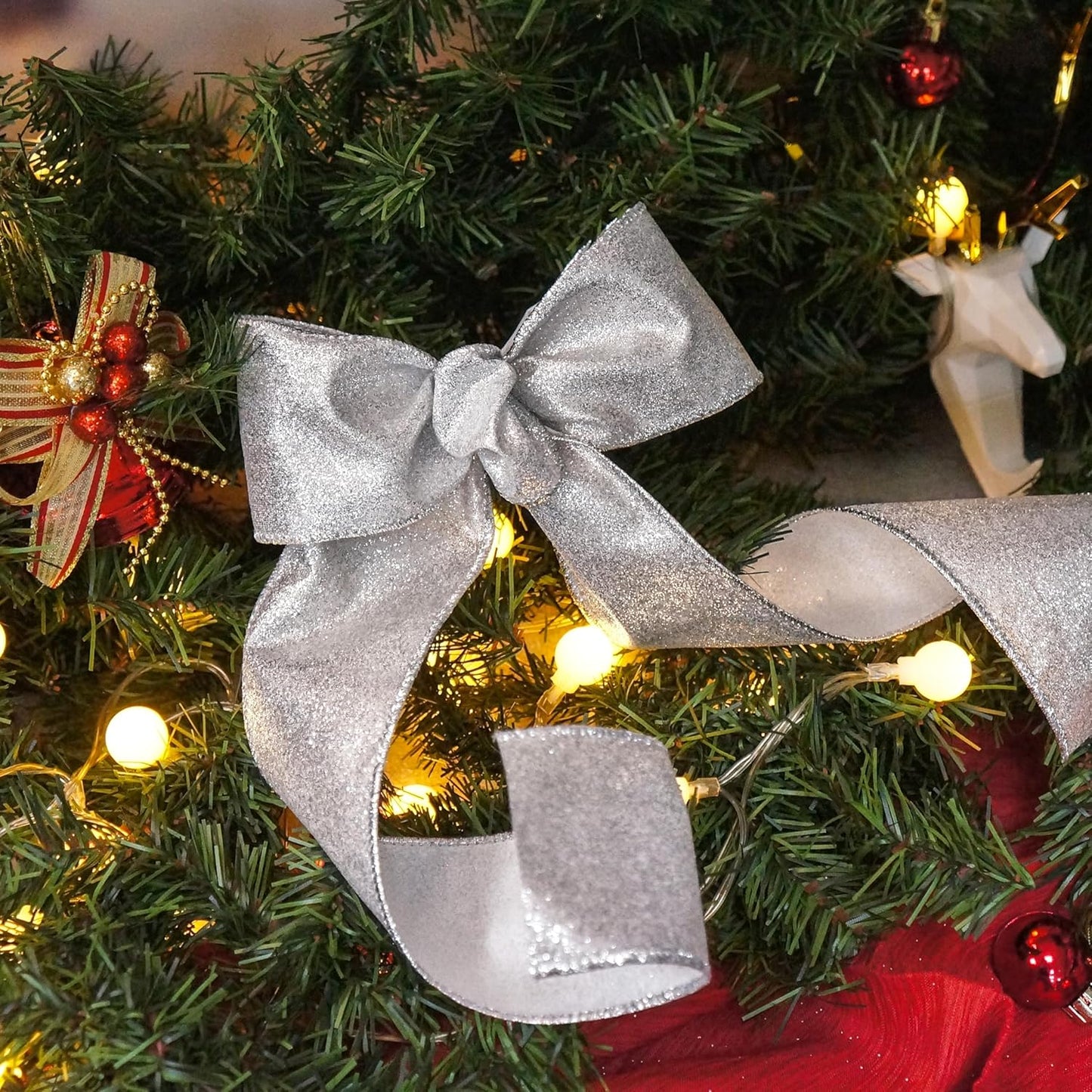 CT CRAFT LLC Glitter Wired Ribbon 2.5" x 20 Yards Silver for Christmas Home Decor Bow Gift Wrapping DIY Crafts Wreath