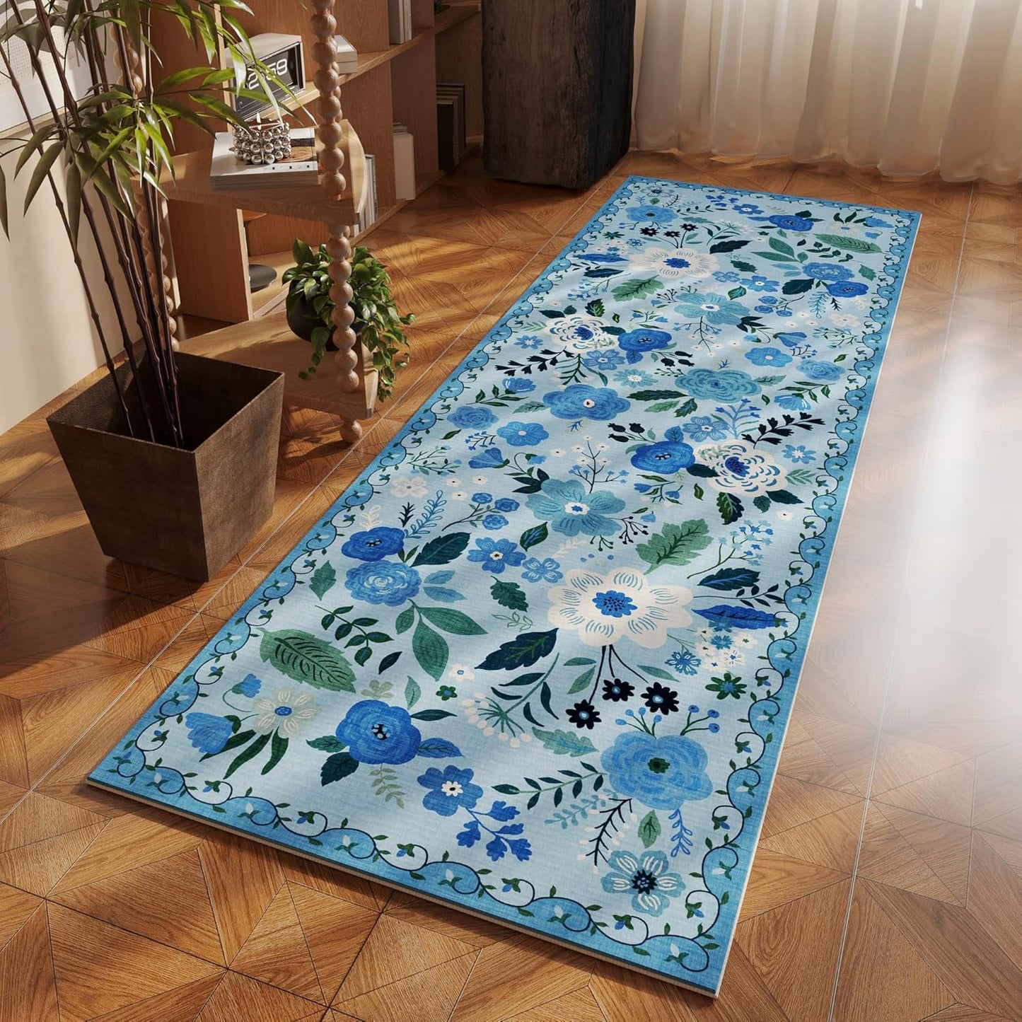 Rugcomf Runner Rug for Hallways Kitchen Rug Non Slip 2'x 6' Washable Runner Rugs with Rubber Backing Soft Floral Carpet Runner for Hallways, Kitchen, Laundry, Bedroom, Bathroom(Blue)