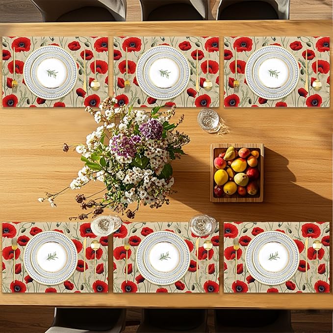 Poppy Flowers Placemats Set of 6,Red Bright Table Mates Non-Slip Heat Resistant Washable Linen Place Mats for Party Kitchen Dining Decoration Indoor Outdoor 12"x18"