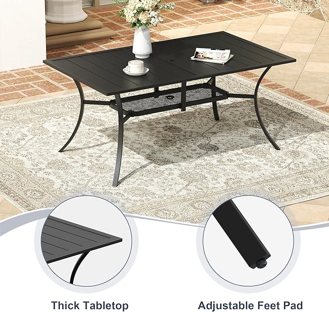 VICLLAX Rectangle Patio Dining Table for 6 Person, Outdoor Metal Steel Slat Table with Umbrella Hole for Patio, Lawn, Garden, Porch, Black