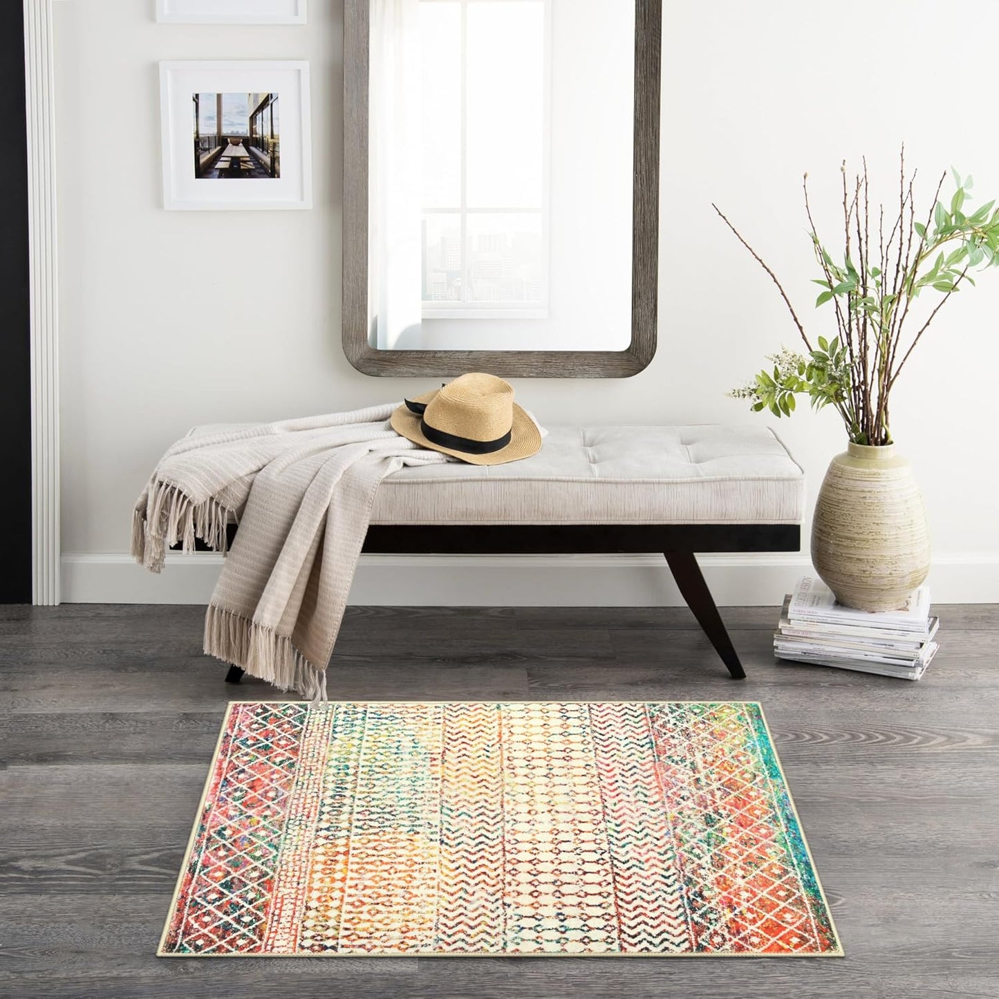 Moroccan Small Rug for Bedroom, 2x3 Colorful Rug Non-Slip Washable Indoor Door Mat, Soft Low-Pile Distressed Kitchen Mat Floor Carpets for Bedside Kitchen Entryway Bathroom
