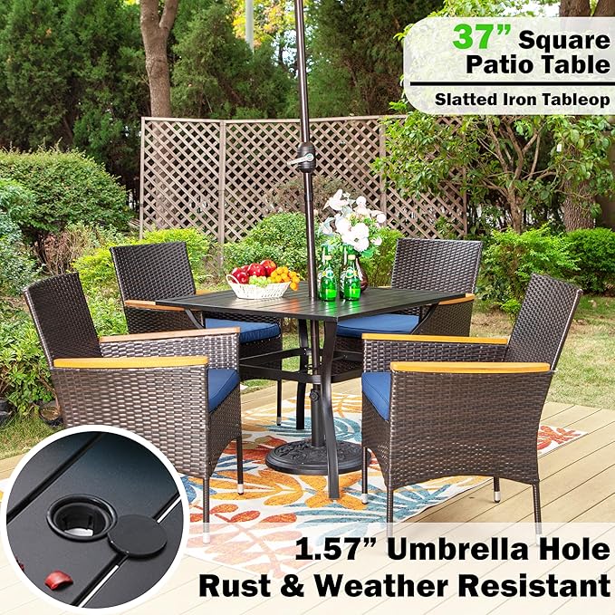 Sophia & William 5 Pieces Outdoor Dining Set with 9ft Beige Patio Umbrella, 4 Seat Patio Dining Set with Square Metal Patio Table and 4 Rattan Chairs, Patio Dining Set Set for Yard Lawn Porch