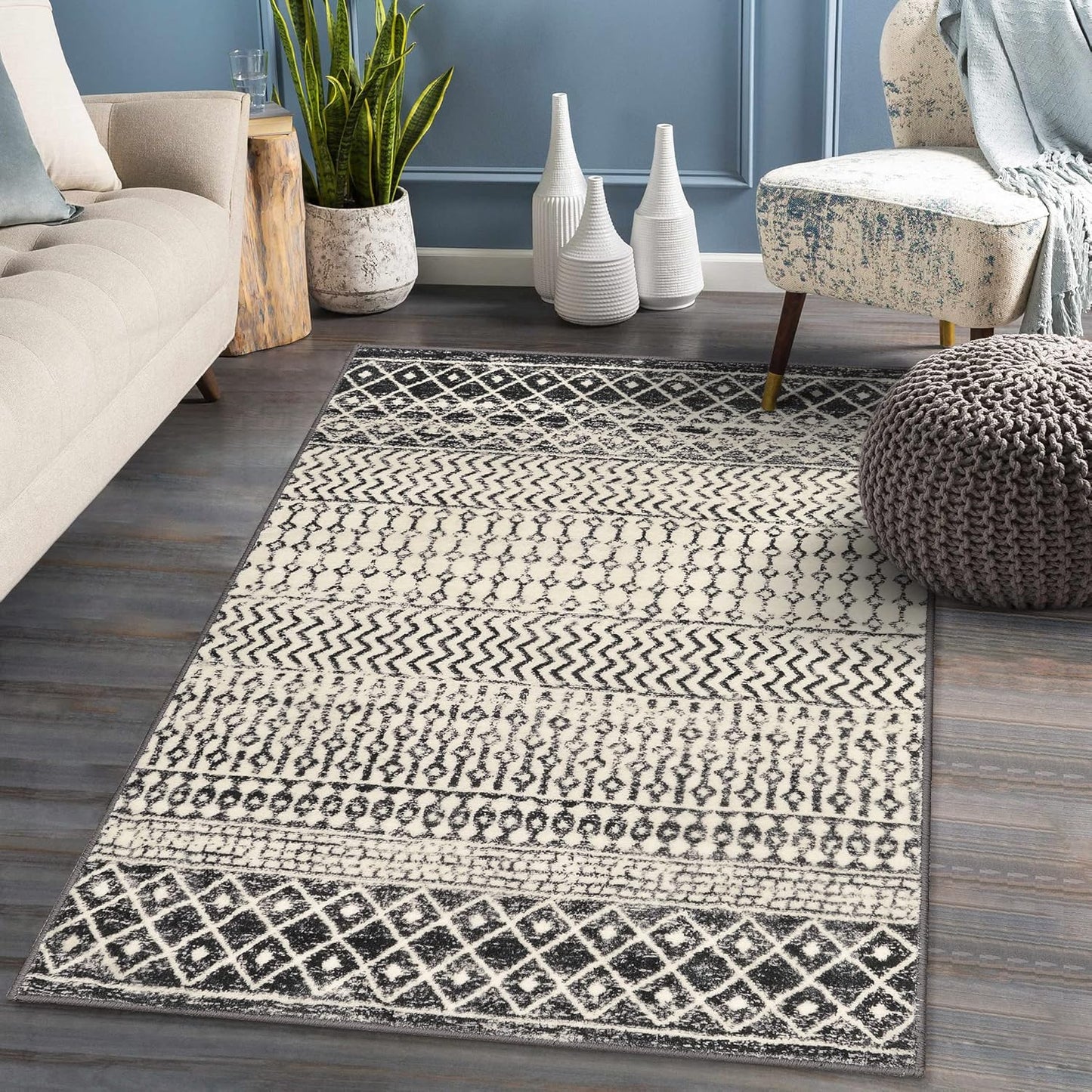 Boho Rugs for Living Room, 4x6 Moroccan Vintage Non-Slip Large Area Rug, Machine Washable Low-Plie Kitchen Mat Accent Rug for Bedroom Playroom Dining Room