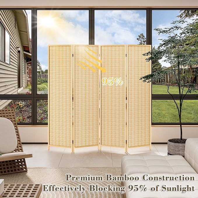 WelFurGeer 4 Panel Bamboo Room Divider, Folding Privacy Screen for Room Separation, Natural Wood Room Partitions and Dividers, Patio Privacy Panels, Decorative Wall Divider for Home, Office, Studio