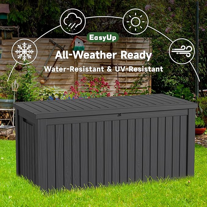 EasyUp 200 Gallon Outdoor Storage Box Waterproof, UV Resistant Resin Deck Box with Hydraulic Rod, Reinforced Stability for Patio, Garden, and Pool, Striped Black