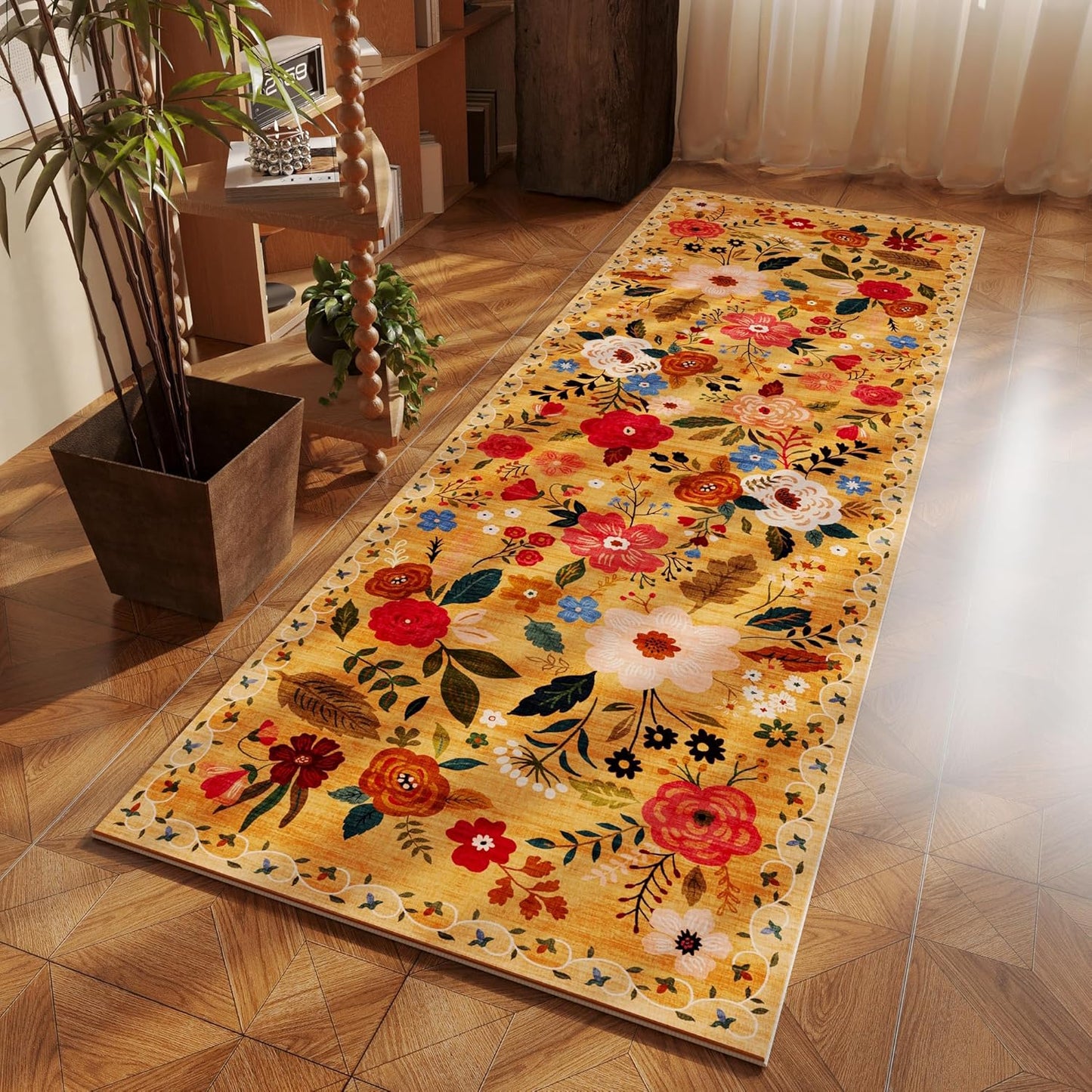 Rugcomf Runner Rug for Hallways Kitchen Rug Non Slip 2'6''x8' Washable Runner Rugs with Rubber Backing Soft Floral Carpet Runner for Hallways, Kitchen, Laundry, Bedroom, Bathroom(Yellow)