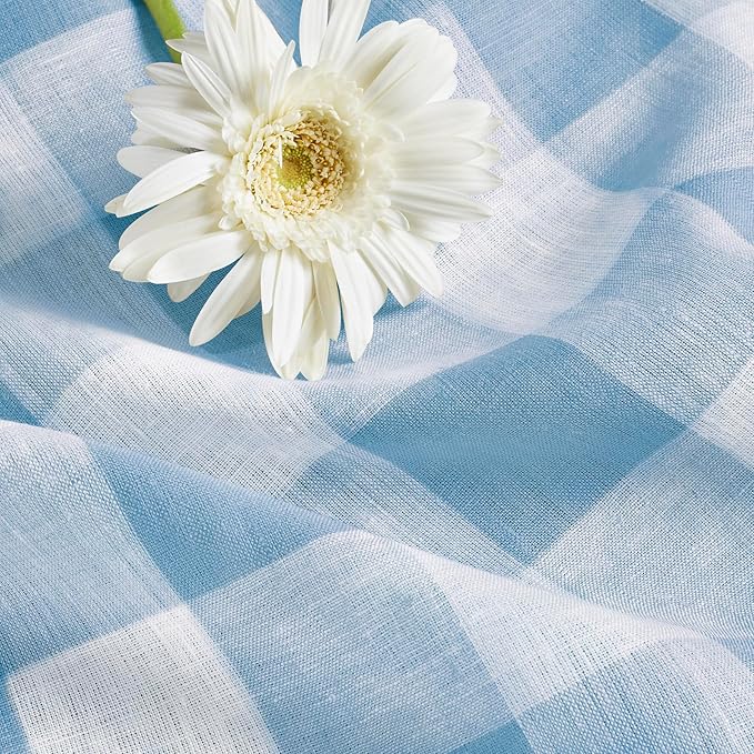 Solino Home Linen Checkered Table Runner 120 Inches Long - 100% Pure Linen Blue Bell Buffalo Check Table Runner 14 x 120 Inch Ideal for Dining, Spring, Easter, Winter