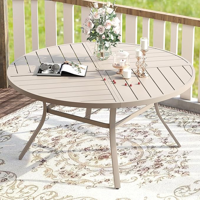 VICLLAX Round Patio Table with Adjustable Umbrella Hole for 8, All Weather Metal Outdoor Dining Table for Lawn Garden, 59.8" Outdoor Coffee Table, Cream Color Frame