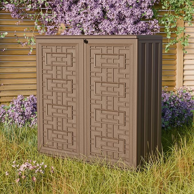 Indoor Outdoor Storage Cabinet Waterproof with 1 Shelf, Plastic Outdoor Storage Cabinets for Patio/Garden/Backyard, Size 34.3''L*15''W*36.2''H(Brown)