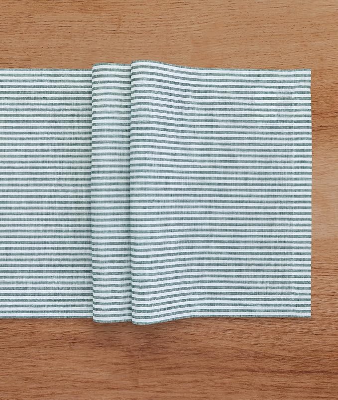 Solino Home Linen Striped Table Runner 60 Inches - Narrow Stripe, 100% Pure Linen Rainforest and White Small Table Runner 14 x 60 Inch Ideal for Dresser and Coffee Tables - St Patricks Day