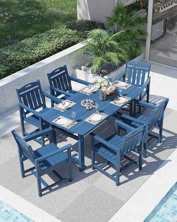 Ciokea HDPE Outdoor Dining Set, 7-Piece Patio Table and Chairs Set with Umbrella Hole, All-Weather Patio Dining Sets for 6, Durable Patio Furniture for Backyard, Garden, Lawn & Poolside, Navy Blue
