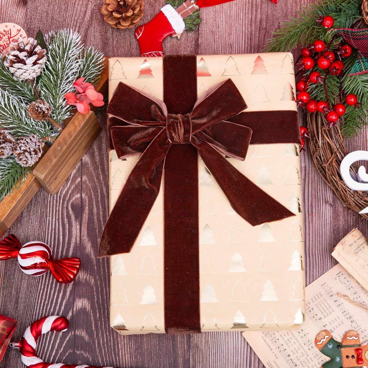 Vintage Brown Velvet Ribbon Chocolate Christmas Ribbon for Gift Wrapping Crafts Christmas Tree Ornaments Garland Decorations, 1-1/2 Inch X 25Yd