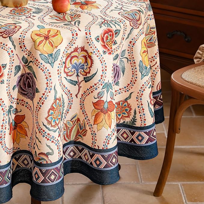 Vintage French Round Tablecloth,Linen Extra Long Tablecloth with Rose and Cornflower Pattern,Decorative Table Cover for Kitchen,Dining,Thanksgiving,Party,Diameter 55"-Lanae