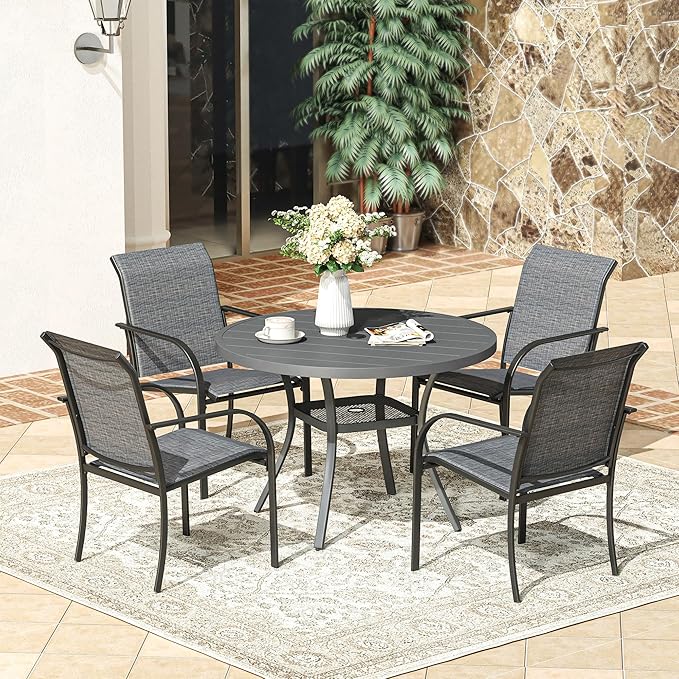 VICLLAX Round Patio Dining Table, 41 inch Metal Outdoor Dining Table with Umbrella Hole for Garden Lawn Balcony Deck, Dark Grey